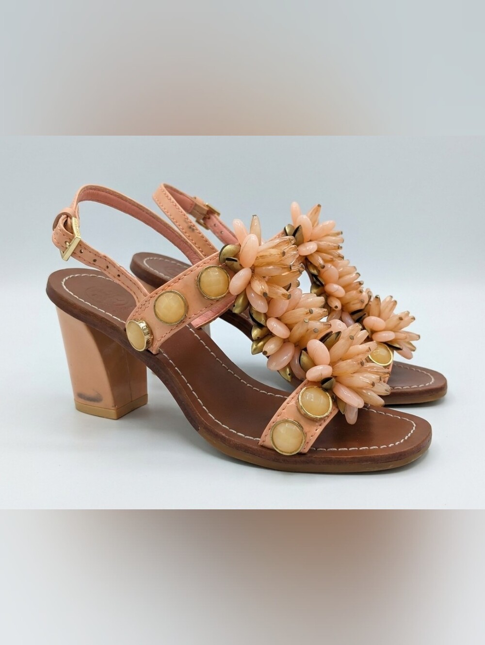 Tory Burch Peach Floral Beaded Slingback Heels